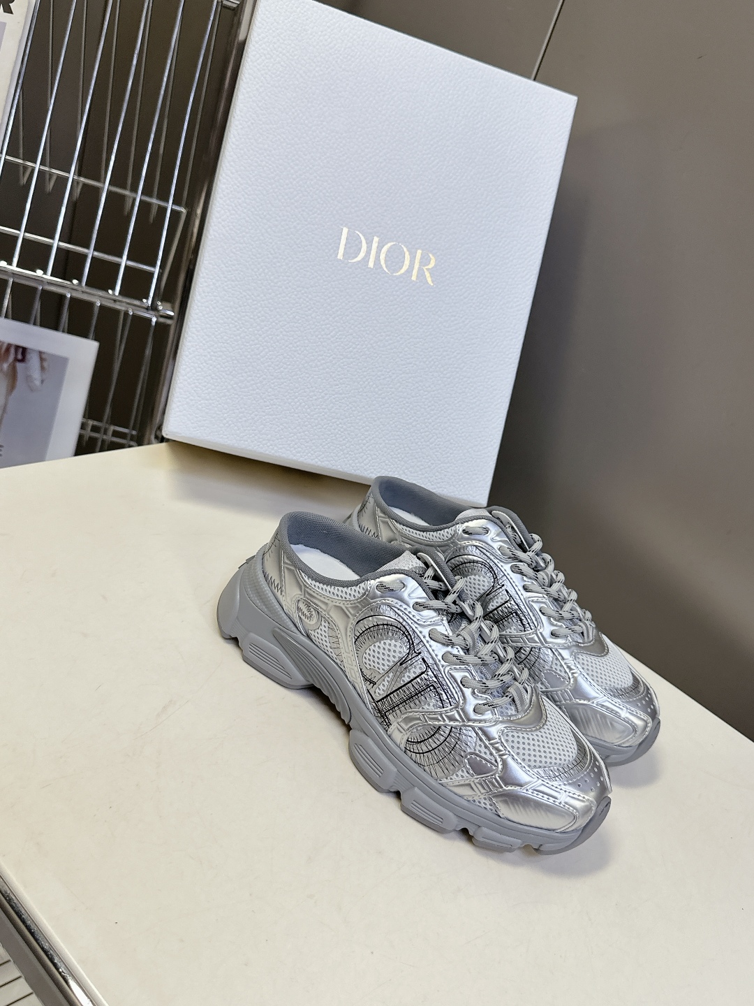 CHRISTIAN DIOR  Chrono Sneakers Grey mesh with silver - toned layers