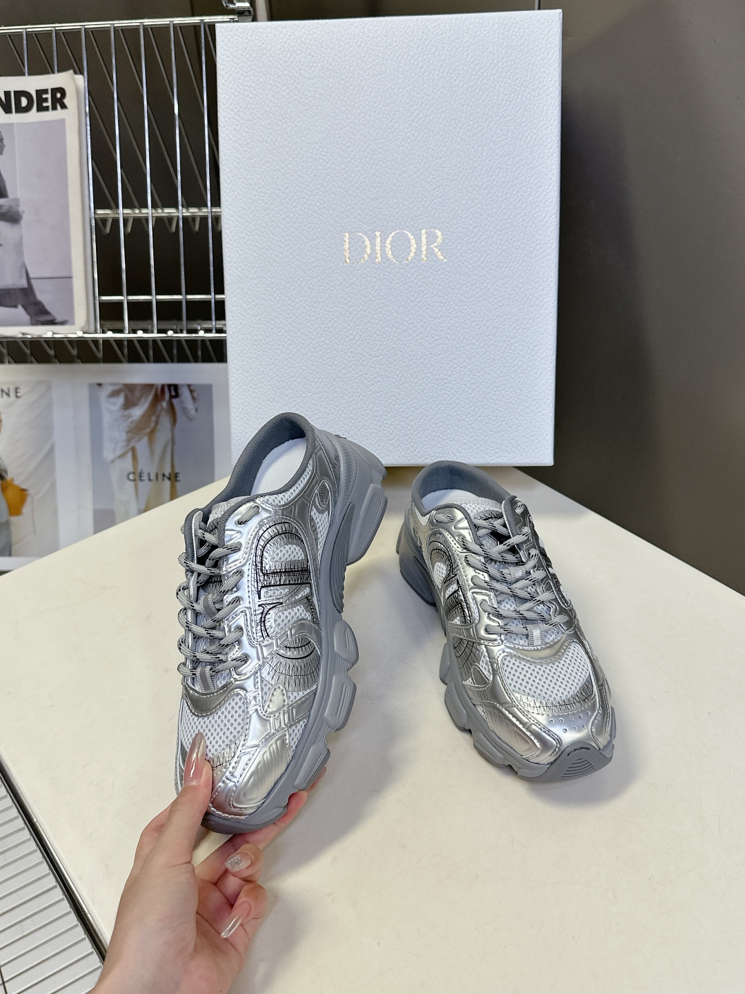 CHRISTIAN DIOR Chrono Sneakers Grey mesh with silver - toned layers CHRISTIAN DIOR Chrono Sneakers Grey mesh with silver - toned layers