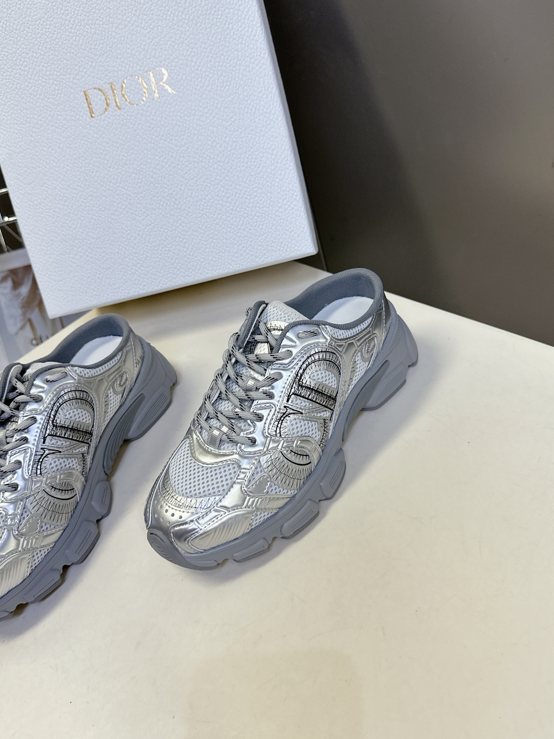 CHRISTIAN DIOR Chrono Sneakers Grey mesh with silver - toned layers CHRISTIAN DIOR Chrono Sneakers Grey mesh with silver - toned layers