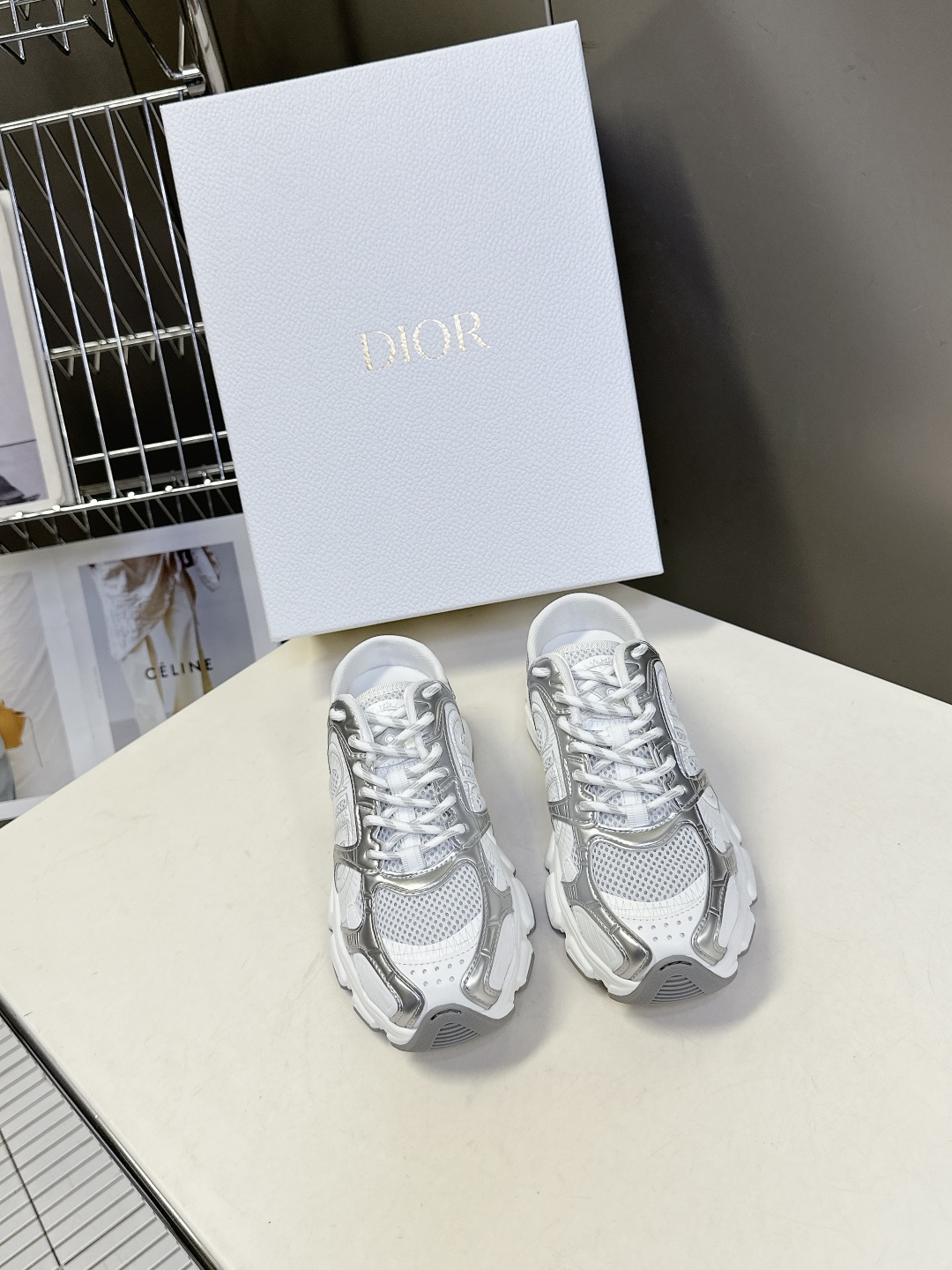 CHRISTIAN DIOR  Chrono Sneakers White mesh fabric silver