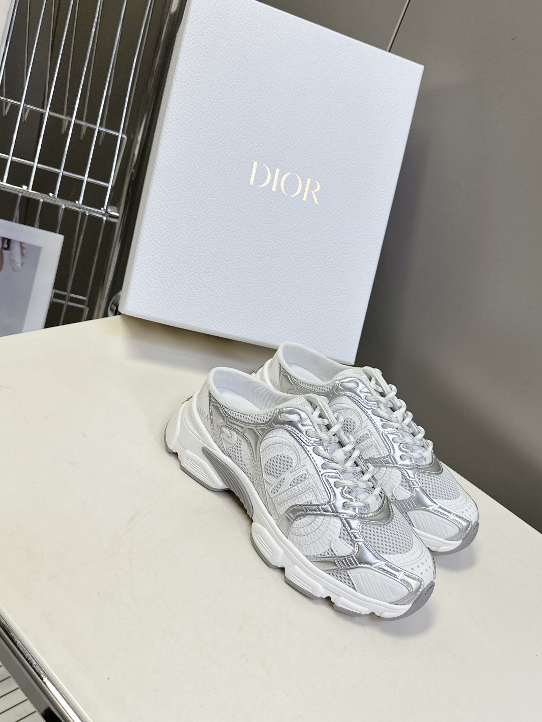 CHRISTIAN DIOR  Chrono Sneakers White mesh fabric silver