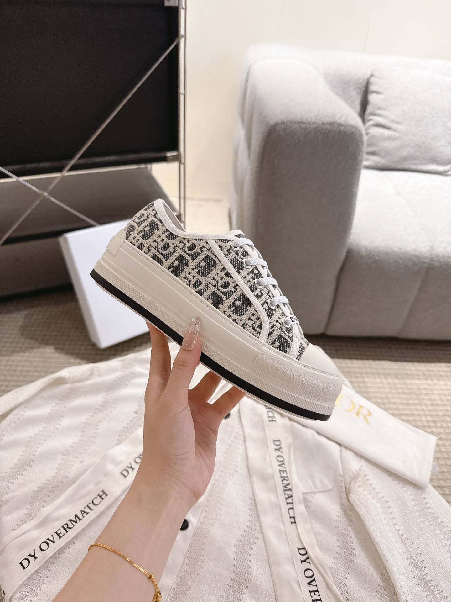 CHRISTIAN DIOR  Walk'n'Dior Sneaker, Stone Gray Dior Oblique Embroidered Cotton