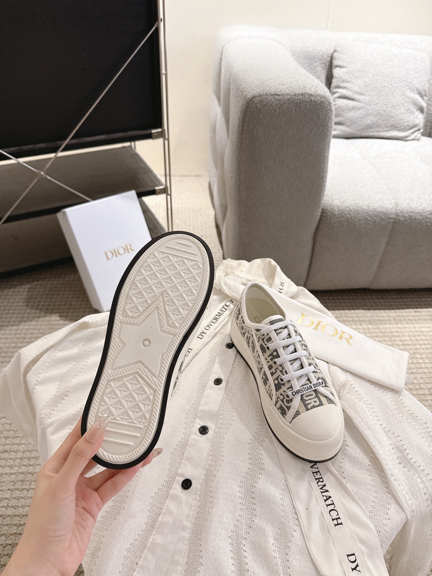 CHRISTIAN DIOR  Walk'n'Dior Sneaker, Stone Gray Dior Oblique Embroidered Cotton