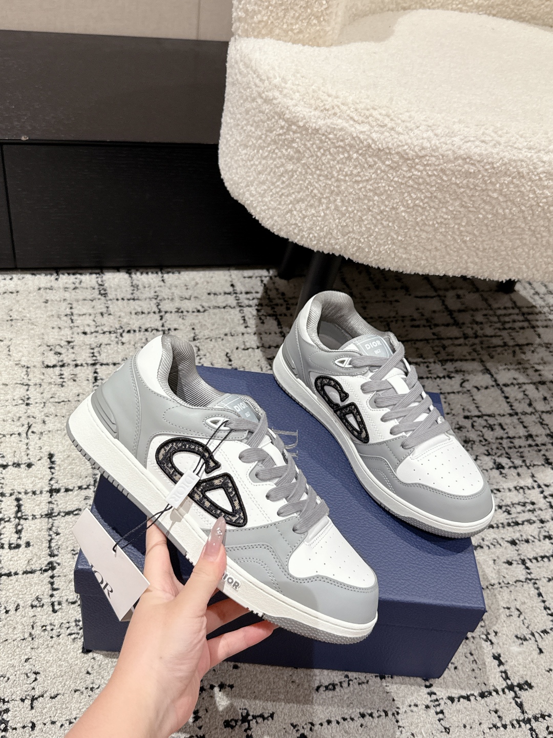 CHRISTIAN DIOR  B57 Dribble Low-Top Sneaker,Gray and White Smooth Calfskin with Beige and Black Dior Oblique Jacquard