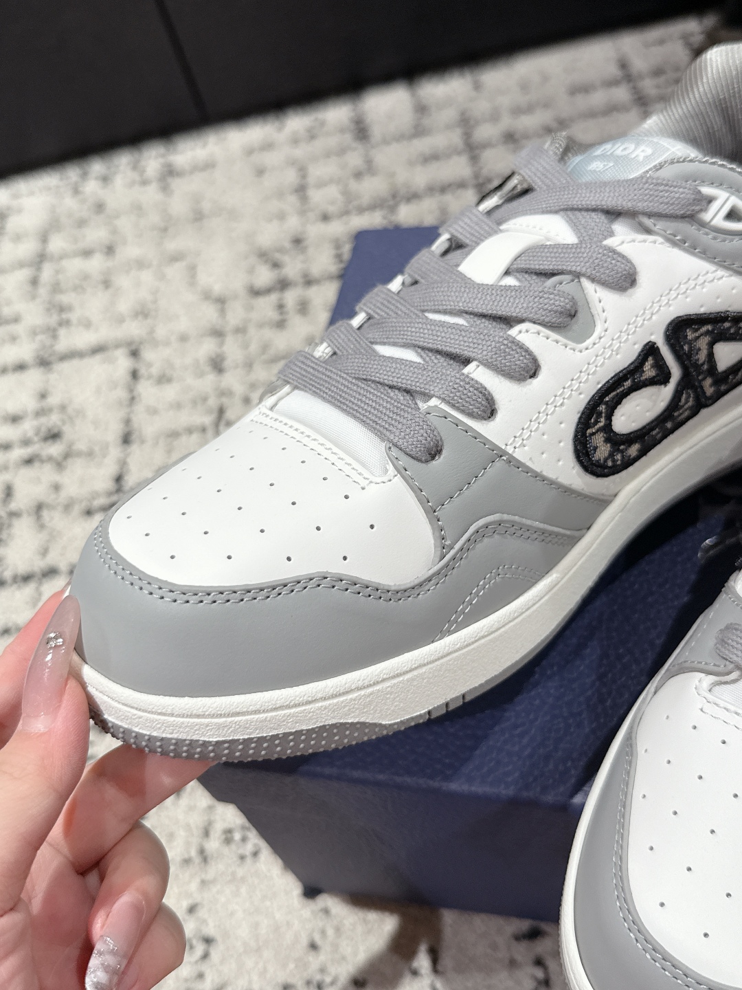 CHRISTIAN DIOR  B57 Dribble Low-Top Sneaker,Gray and White Smooth Calfskin with Beige and Black Dior Oblique Jacquard