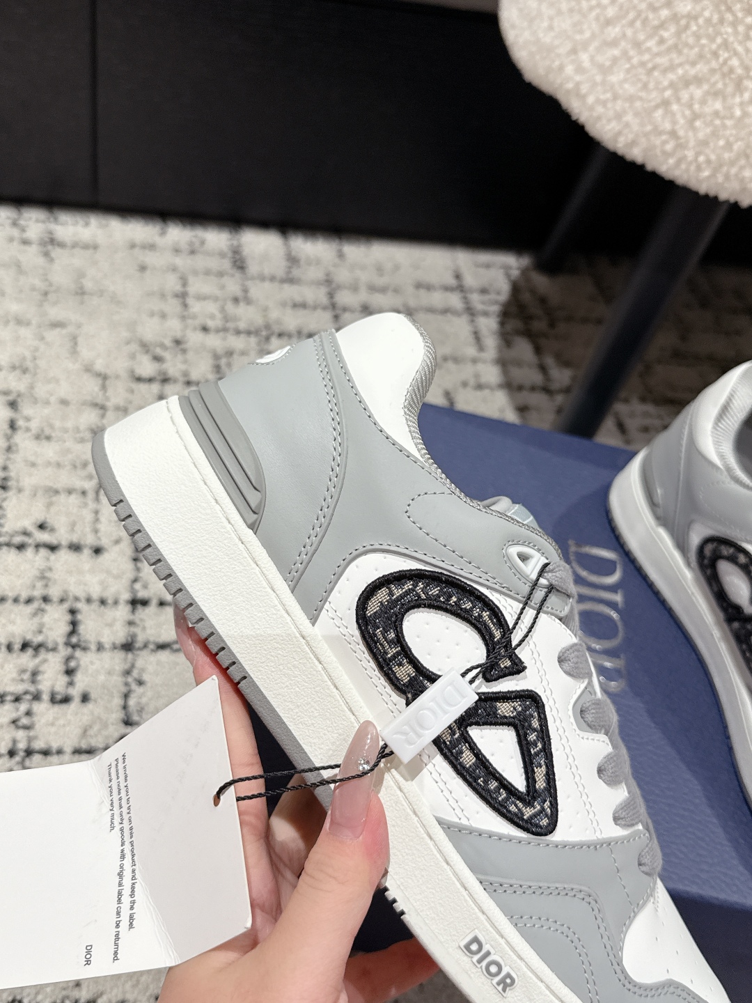 CHRISTIAN DIOR  B57 Dribble Low-Top Sneaker,Gray and White Smooth Calfskin with Beige and Black Dior Oblique Jacquard