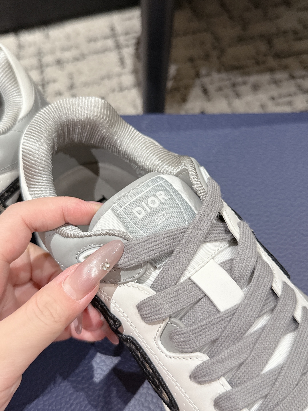 CHRISTIAN DIOR  B57 Dribble Low-Top Sneaker,Gray and White Smooth Calfskin with Beige and Black Dior Oblique Jacquard