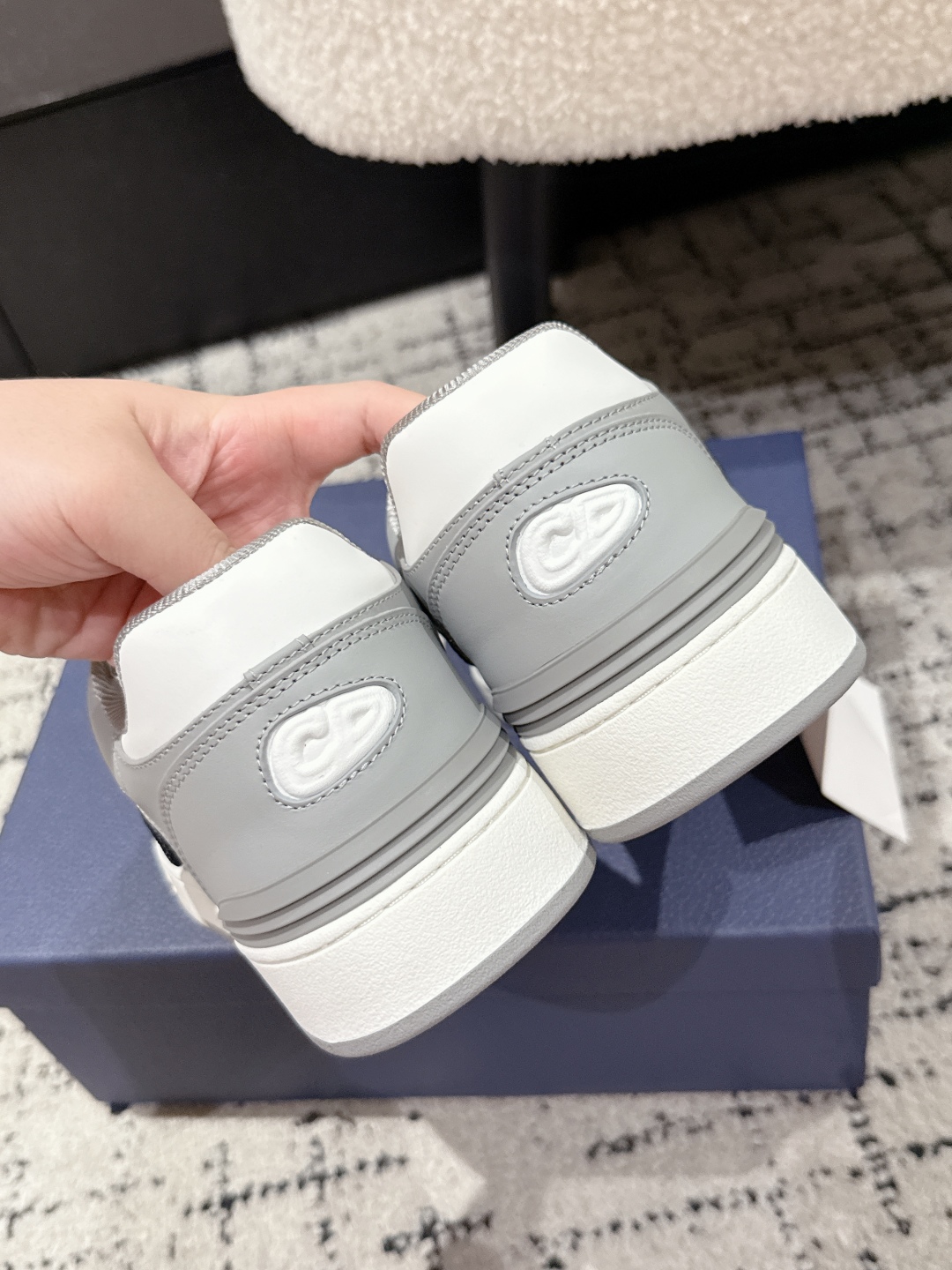 CHRISTIAN DIOR  B57 Dribble Low-Top Sneaker,Gray and White Smooth Calfskin with Beige and Black Dior Oblique Jacquard