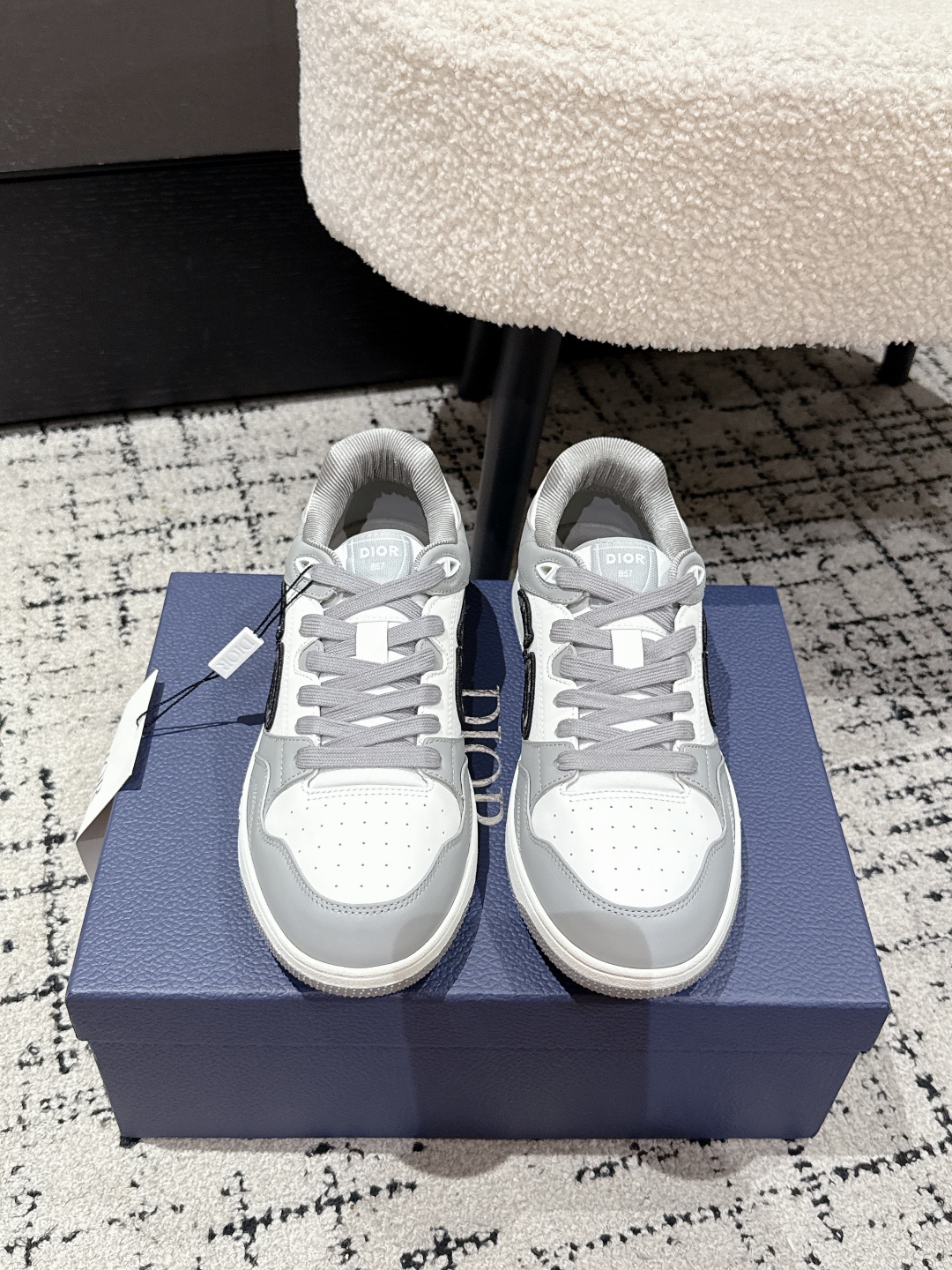 CHRISTIAN DIOR  B57 Dribble Low-Top Sneaker,Gray and White Smooth Calfskin with Beige and Black Dior Oblique Jacquard