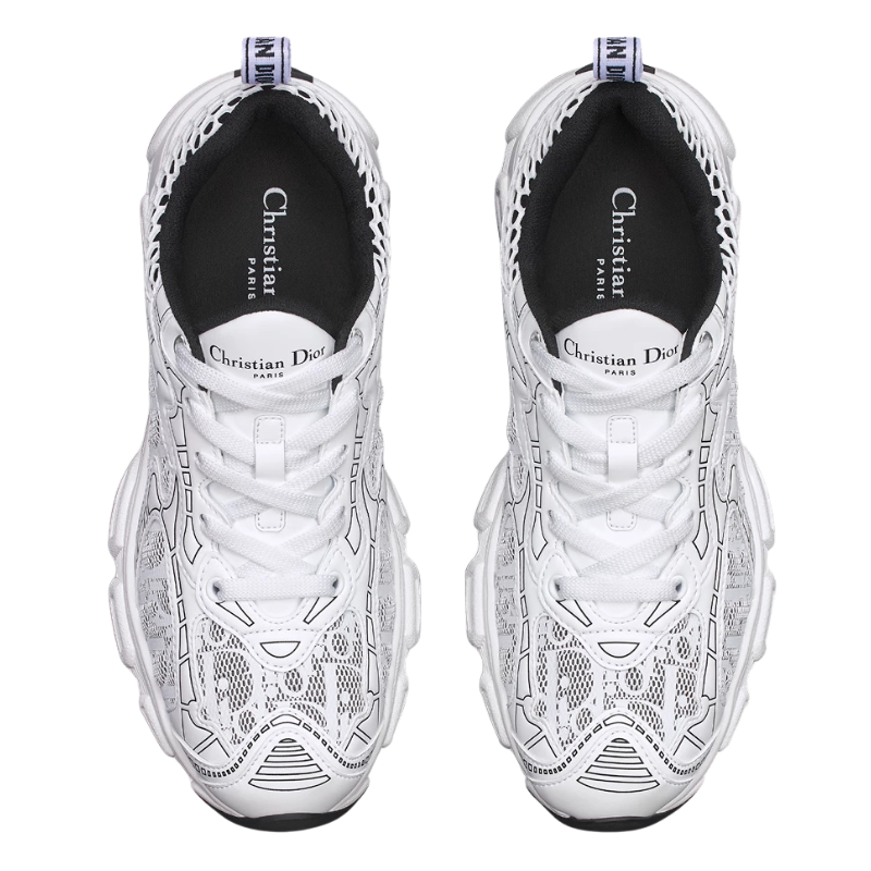 CHRISTIAN DIOR  Vibe Sneaker,White Mesh Printed with Dior Oblique Motif and White and Black Leather 