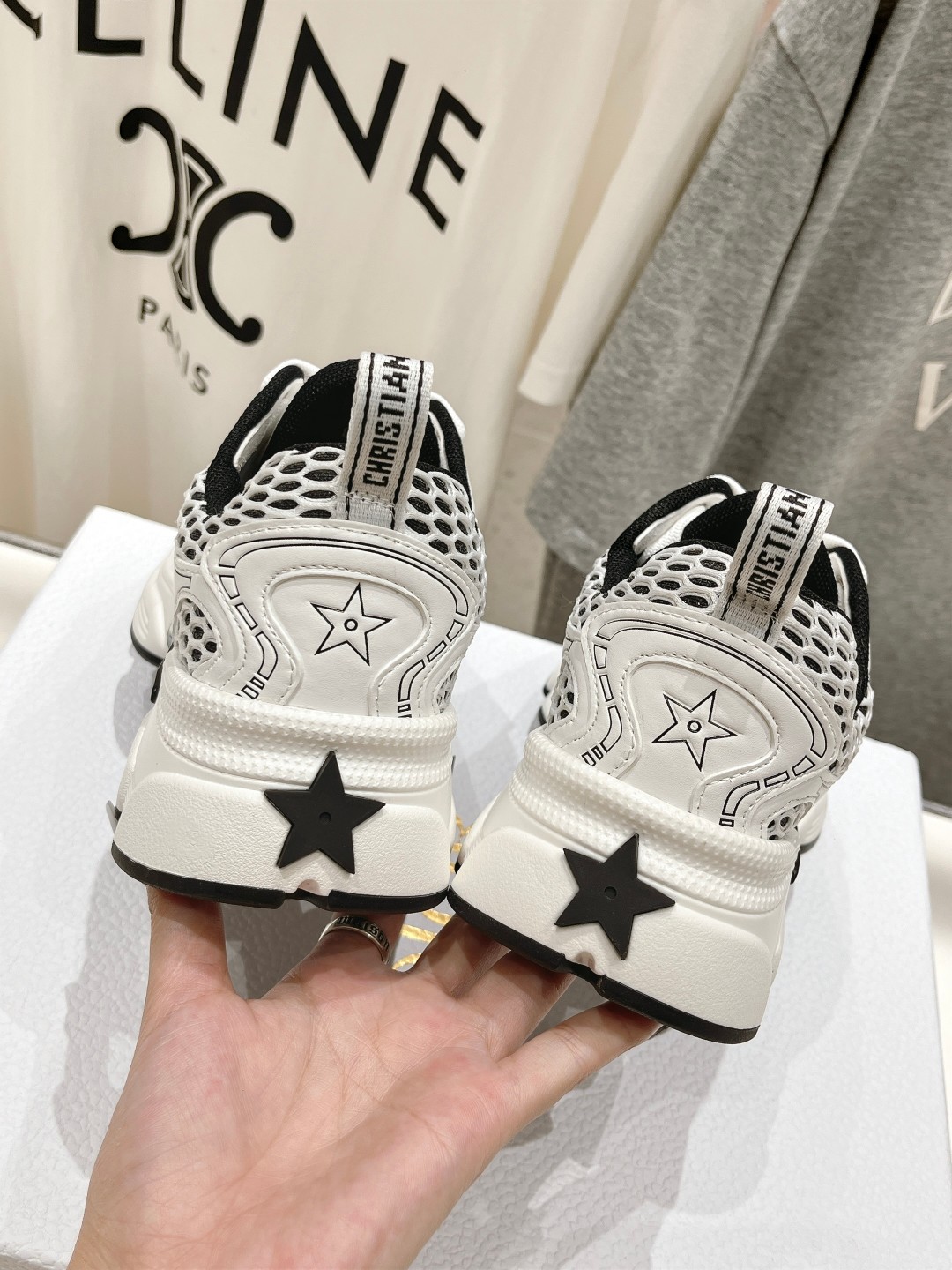 CHRISTIAN DIOR  Vibe Sneaker,White Mesh Printed with Dior Oblique Motif and White and Black Leather 