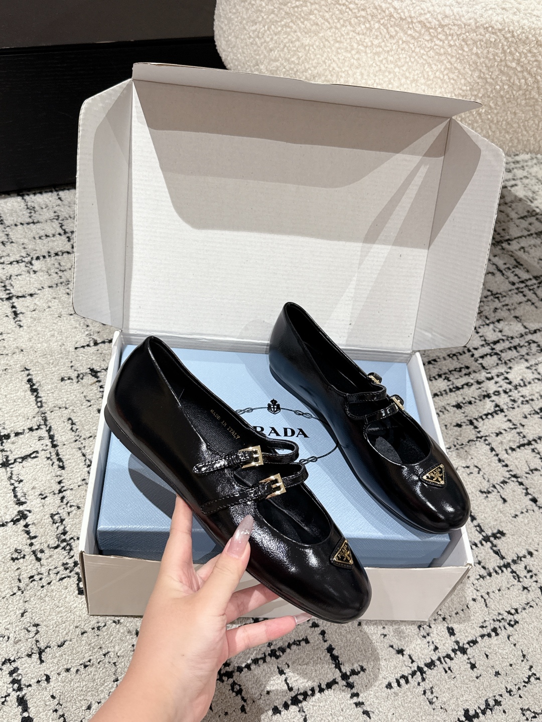 PRADA Women Nappa Leather Ballerinas In Black,Mary Jane Ballet Flats in Patent Leather