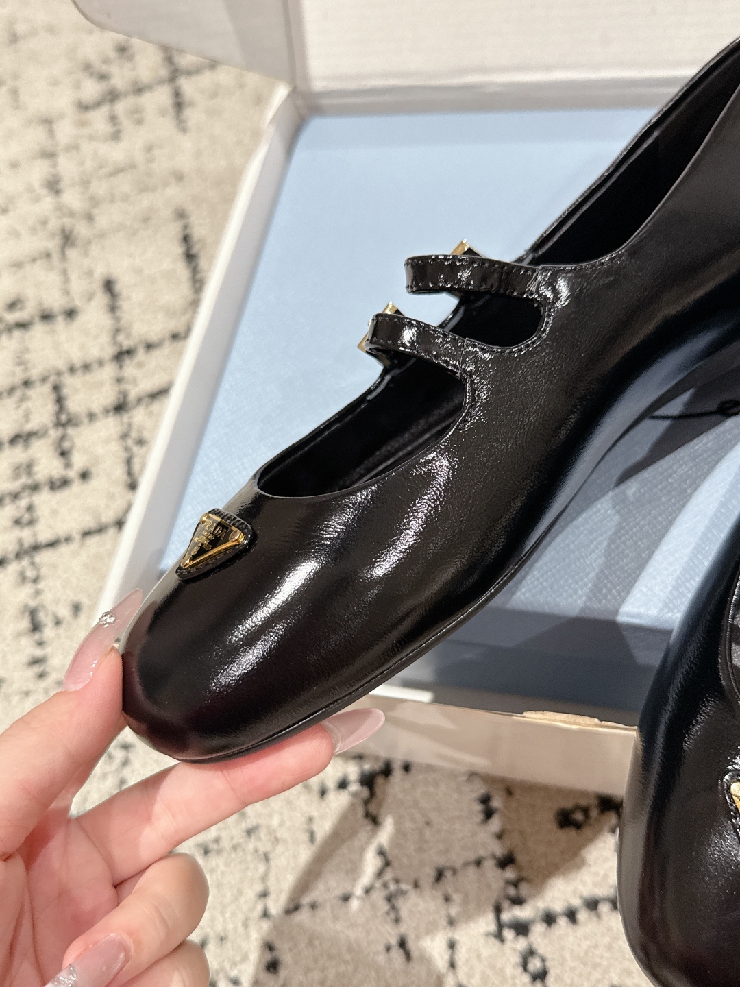 PRADA Women Nappa Leather Ballerinas In Black,Mary Jane Ballet Flats in Patent Leather