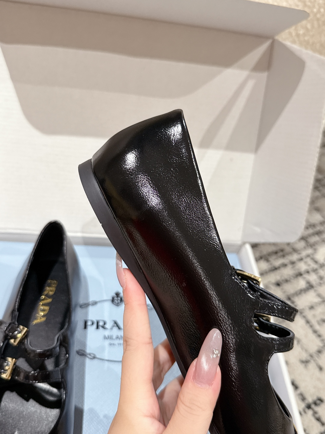 PRADA Women Nappa Leather Ballerinas In Black,Mary Jane Ballet Flats in Patent Leather