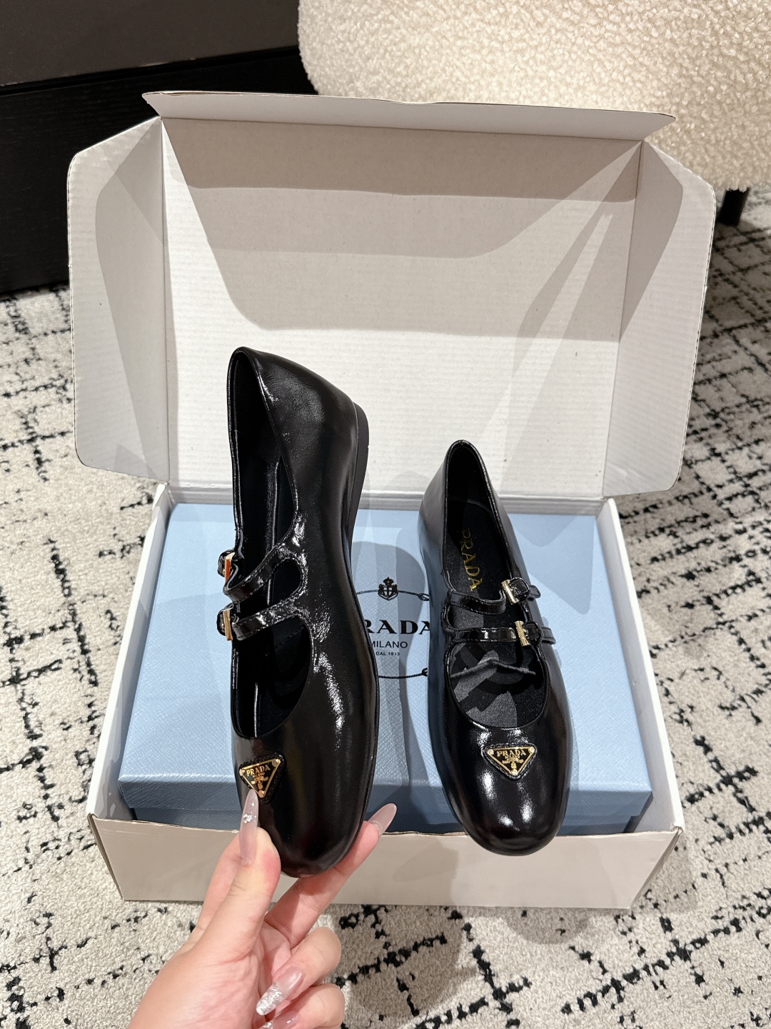PRADA Women Nappa Leather Ballerinas In Black,Mary Jane Ballet Flats in Patent Leather