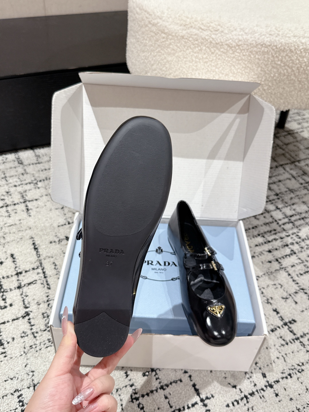 PRADA Women Nappa Leather Ballerinas In Black,Mary Jane Ballet Flats in Patent Leather