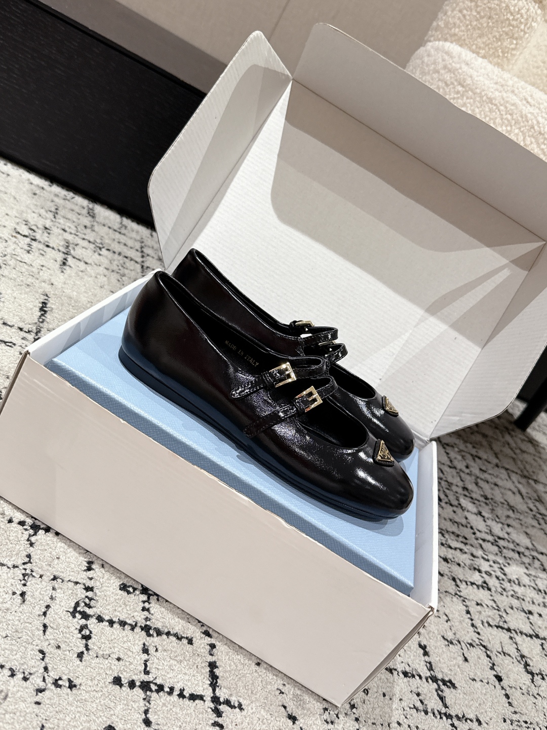 PRADA Women Nappa Leather Ballerinas In Black,Mary Jane Ballet Flats in Patent Leather