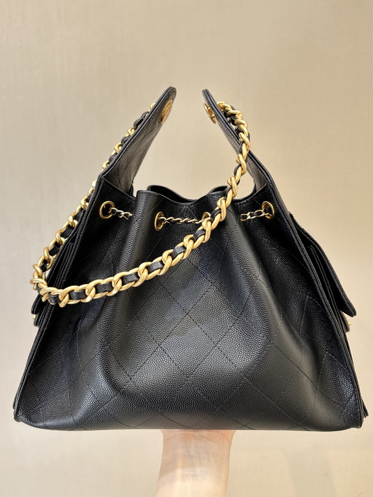 CHANEL  25 Black Caviar  Hobo Bag Gold Hardware 