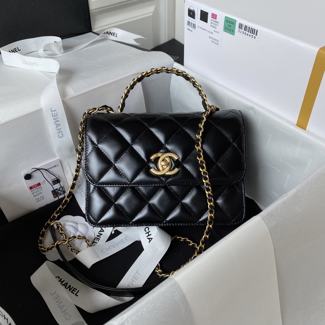 CHANEL Handbag Black with Golden Chain AS3886