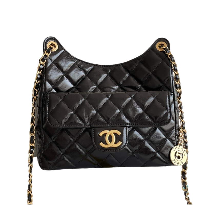 CHANEL Hobo Handbag Black with Golden Chain 