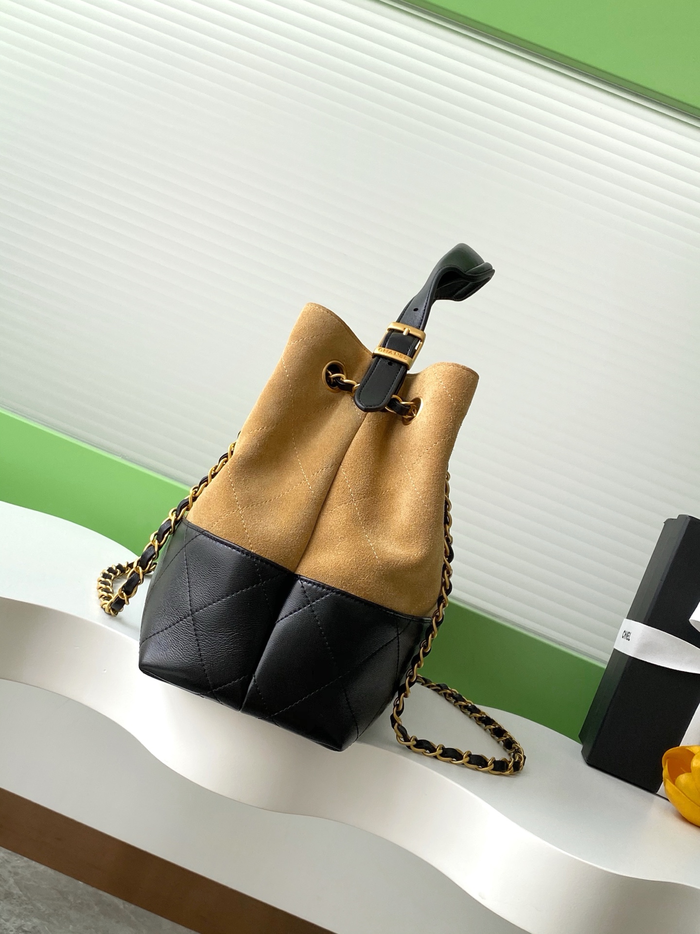 CHANEL 25A Suede Calfskin, Shiny Lambskin Gold-Tone Metal Beige Black Bag Large