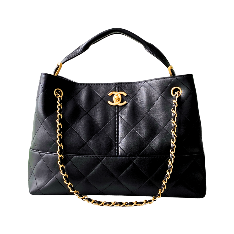 CHANEL Shopping bag, Calfskin & gold-tone metal, black