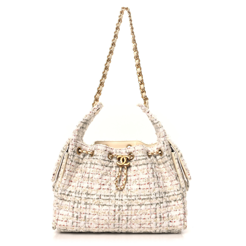 CHANEL Tweed Quilted Small Chanel 25 Handbag Ecru Khaki Gold Red