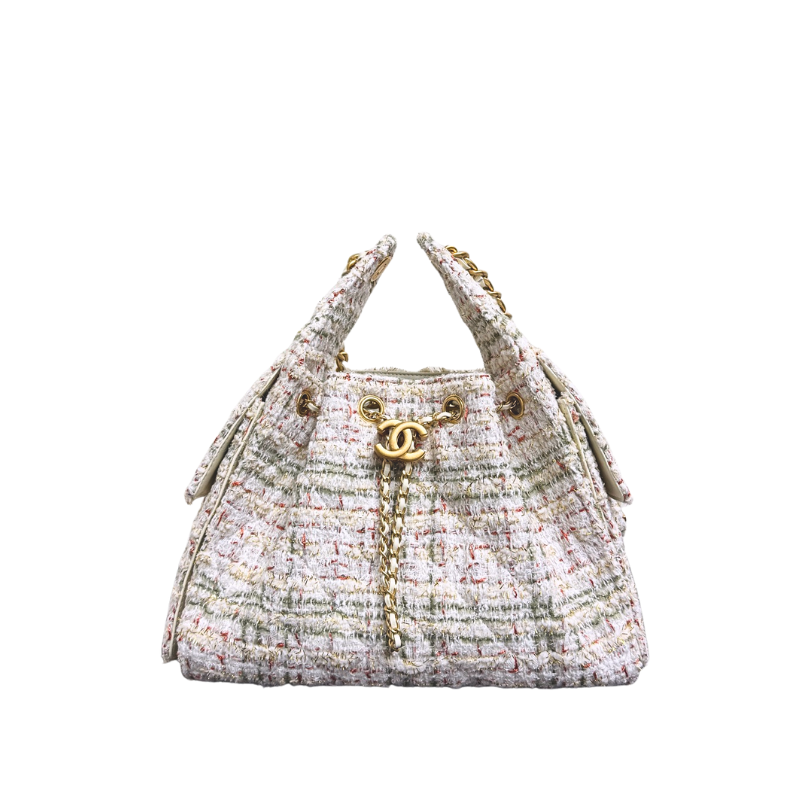 CHANEL Tweed Quilted Small Chanel 25 Handbag Ecru Khaki Gold Red