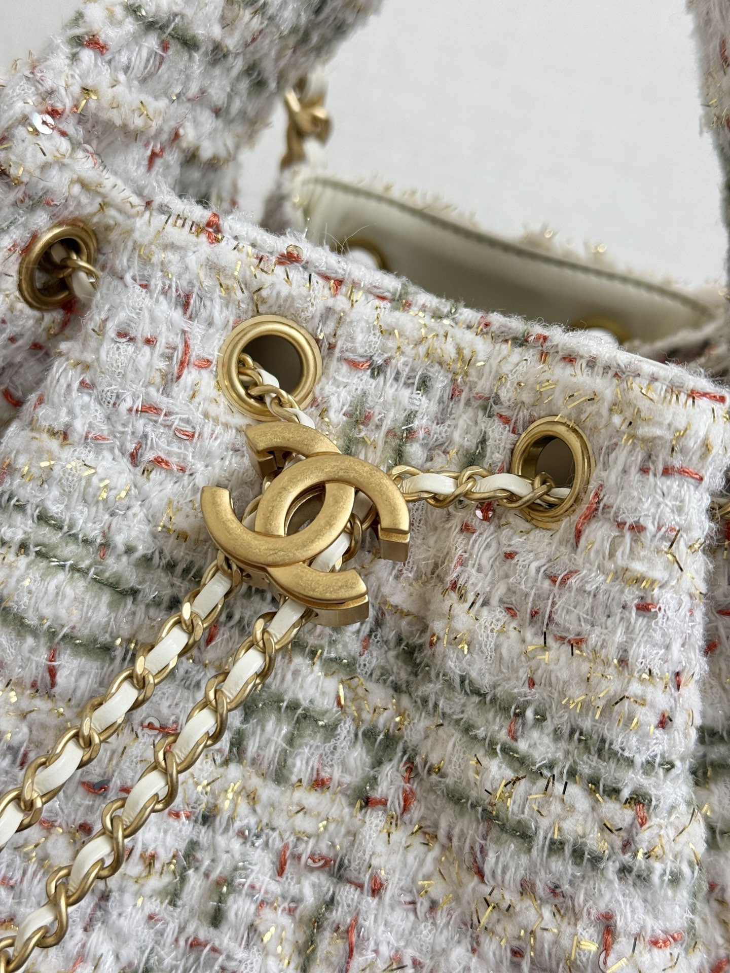 CHANEL Tweed Quilted Small Chanel 25 Handbag Ecru Khaki Gold Red