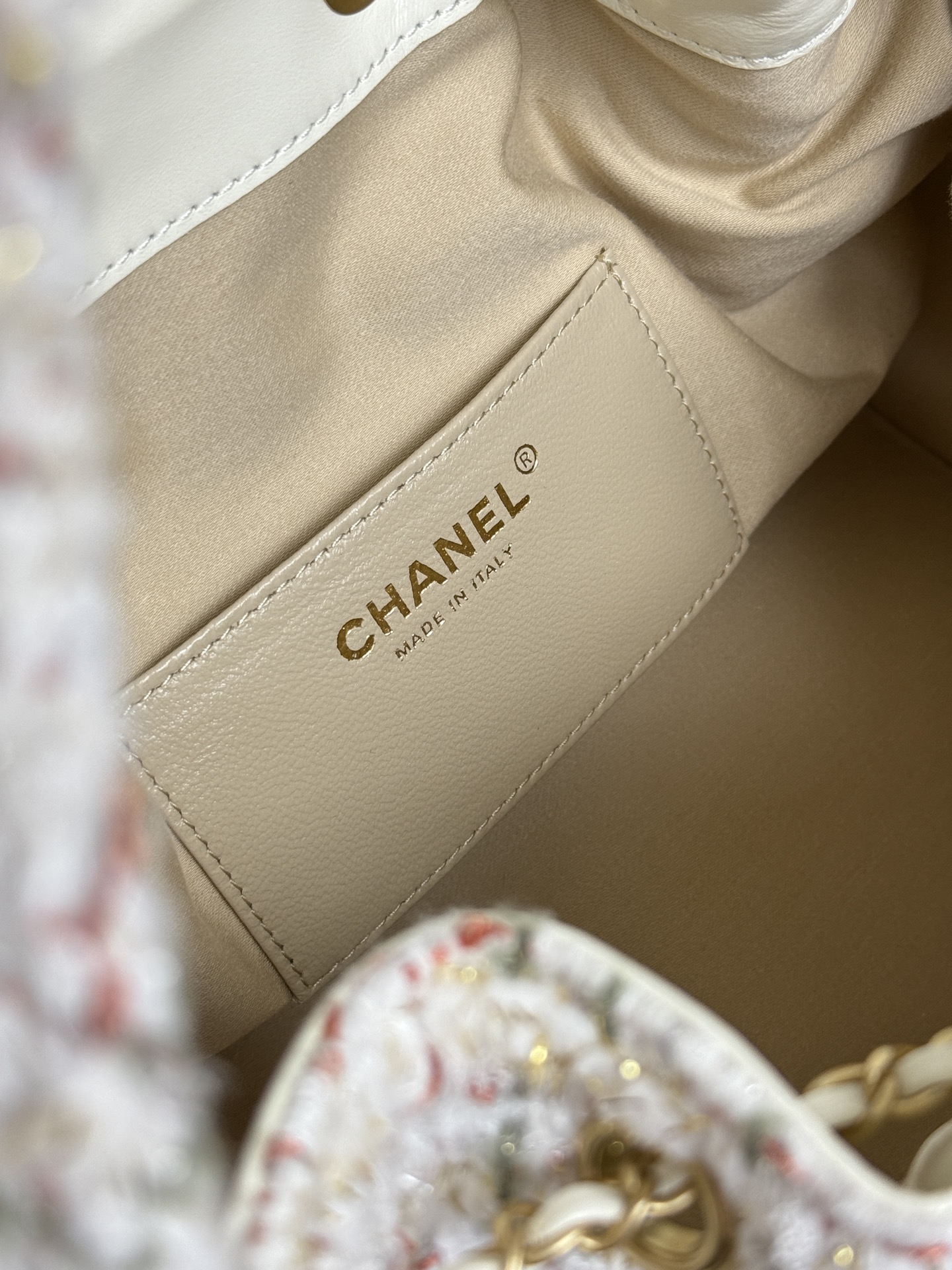 CHANEL Tweed Quilted Small Chanel 25 Handbag Ecru Khaki Gold Red