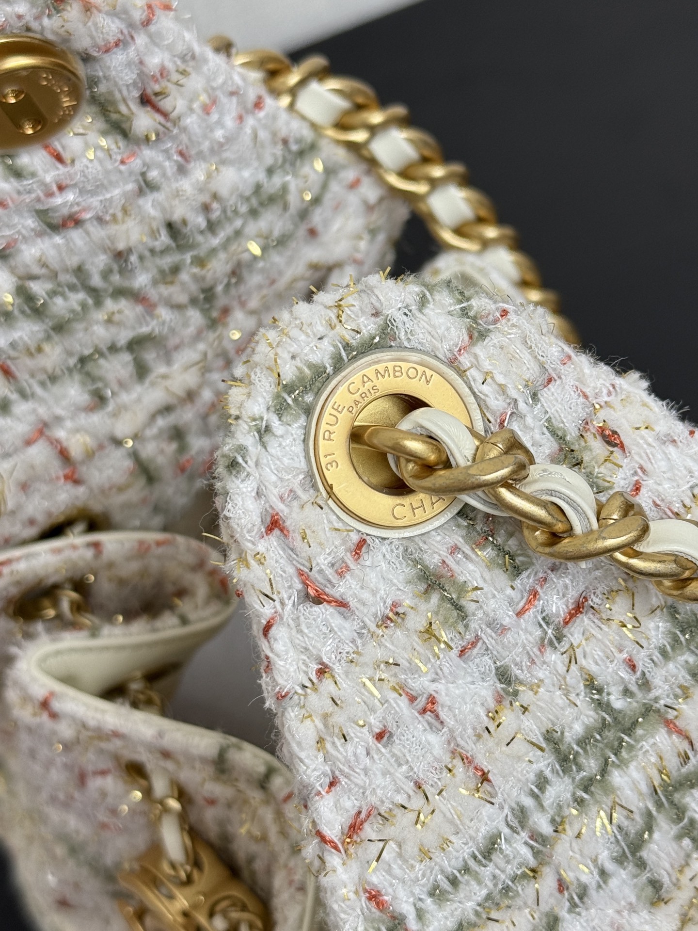 CHANEL Tweed Quilted Small Chanel 25 Handbag Ecru Khaki Gold Red