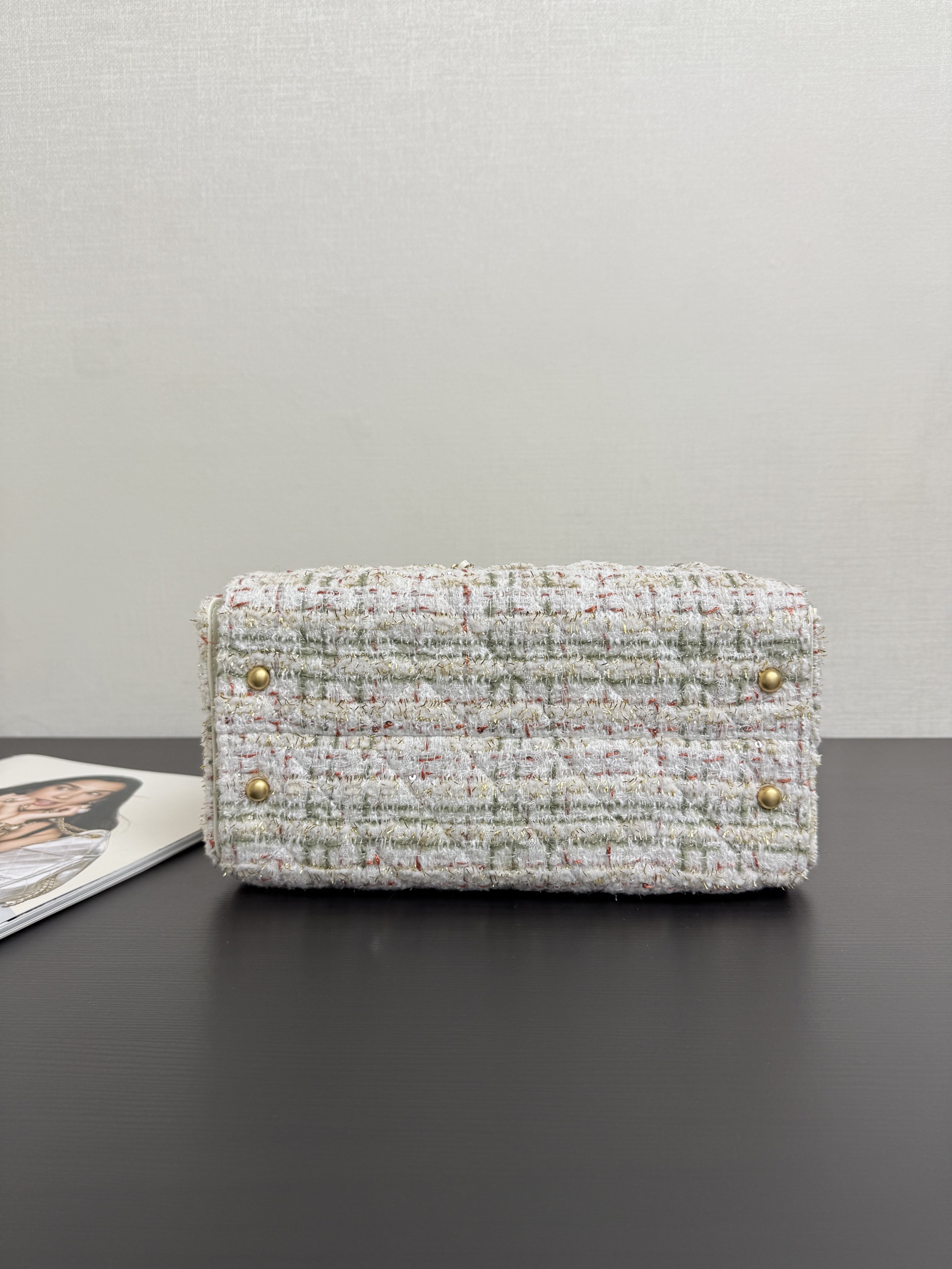 CHANEL Tweed Quilted Small Chanel 25 Handbag Ecru Khaki Gold Red