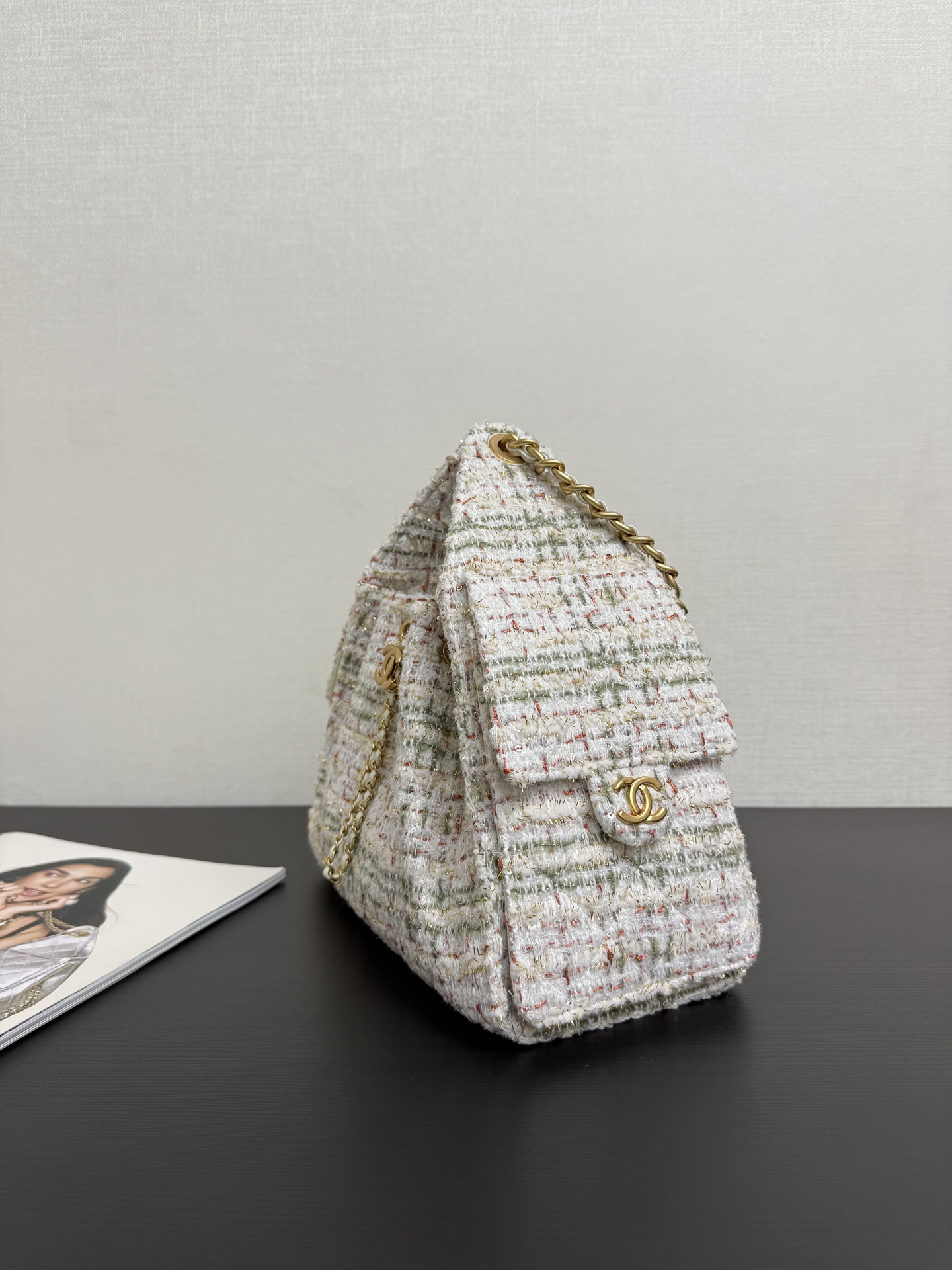 CHANEL Tweed Quilted Small Chanel 25 Handbag Ecru Khaki Gold Red