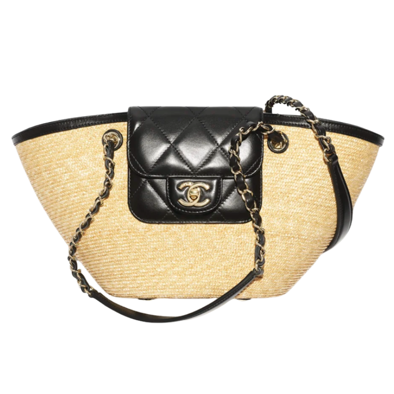 CHANNEL Small Shopping Bag,Braided Straw, Lambskin & Gold-Tone Metal 