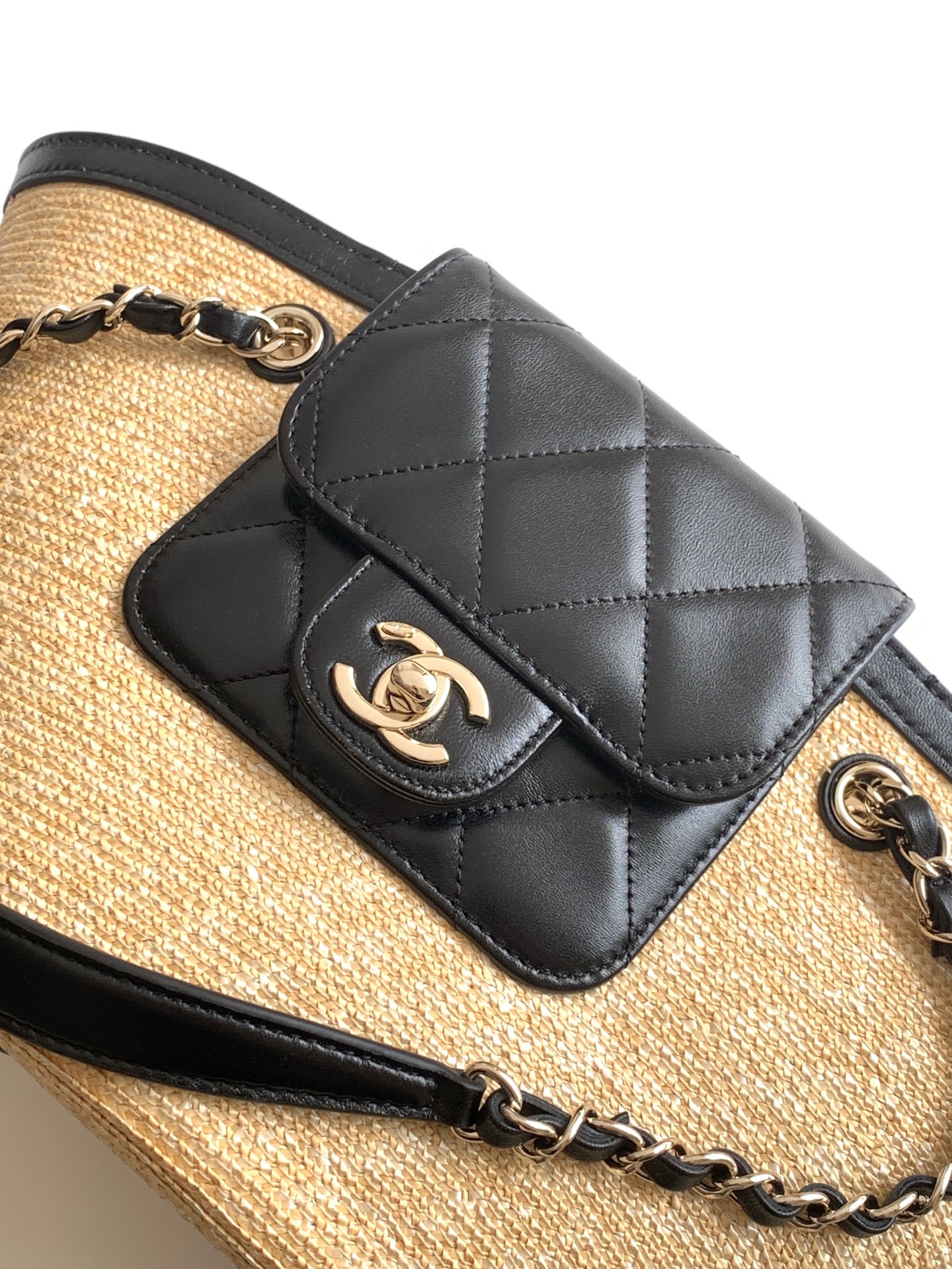 CHANNEL Small Shopping Bag,Braided Straw, Lambskin & Gold-Tone Metal 