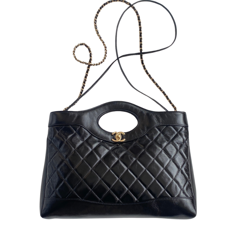 CHANEL 31 Medium Shiny Crumpled Calfskin Quilted Shopping Bag Black