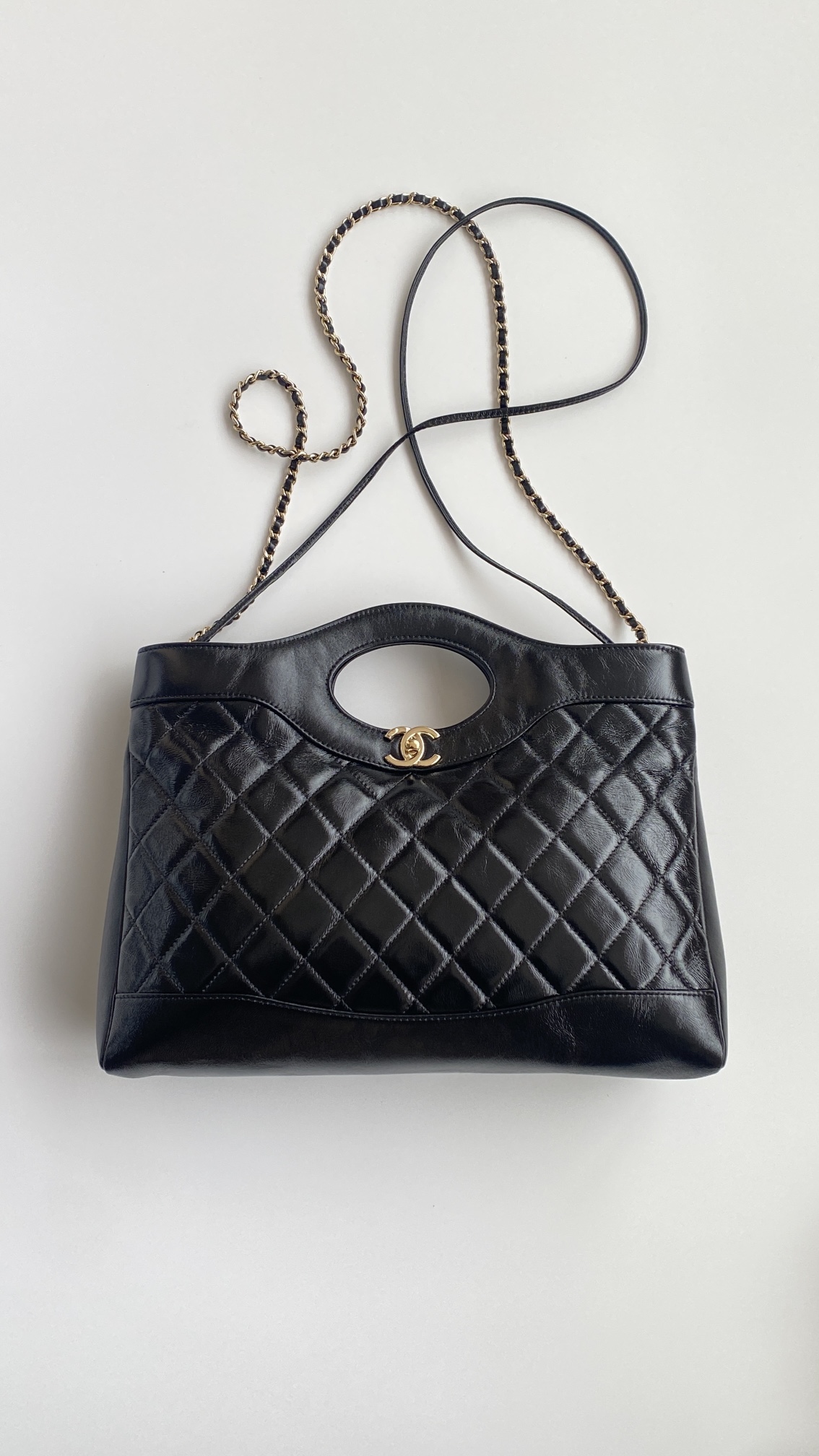 CHANEL 31 Medium Shiny Crumpled Calfskin Quilted Shopping Bag Black