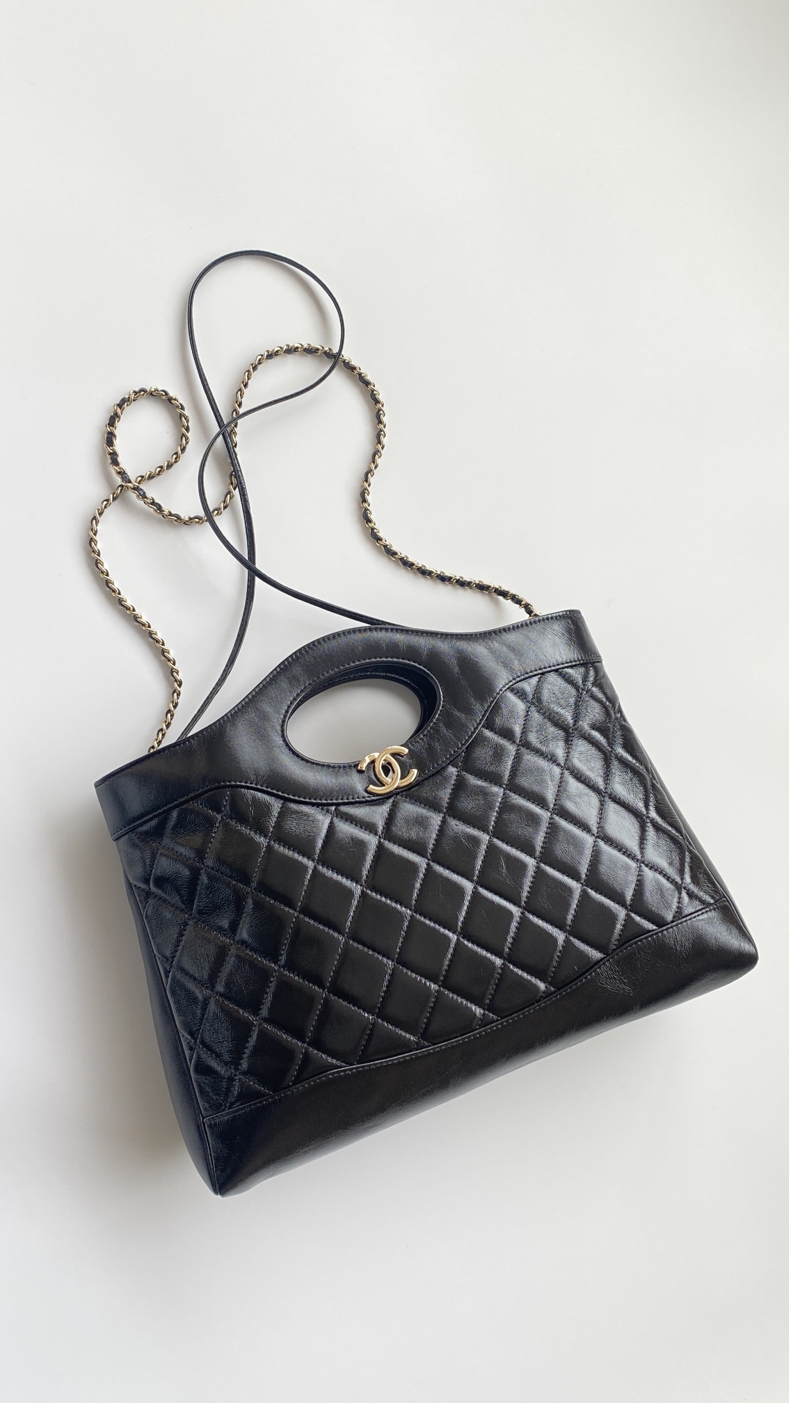 CHANEL 31 Medium Shiny Crumpled Calfskin Quilted Shopping Bag Black