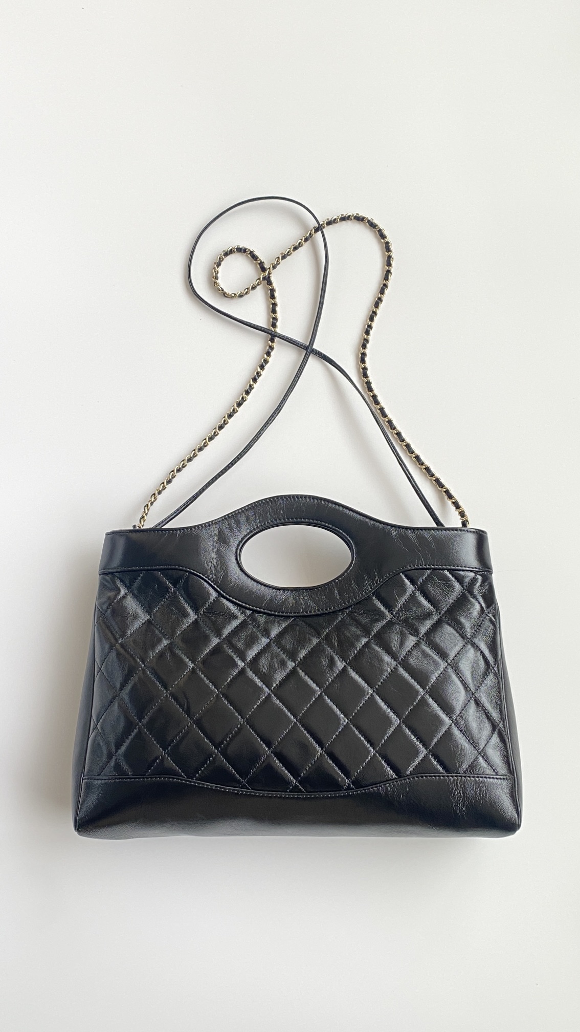 CHANEL 31 Medium Shiny Crumpled Calfskin Quilted Shopping Bag Black