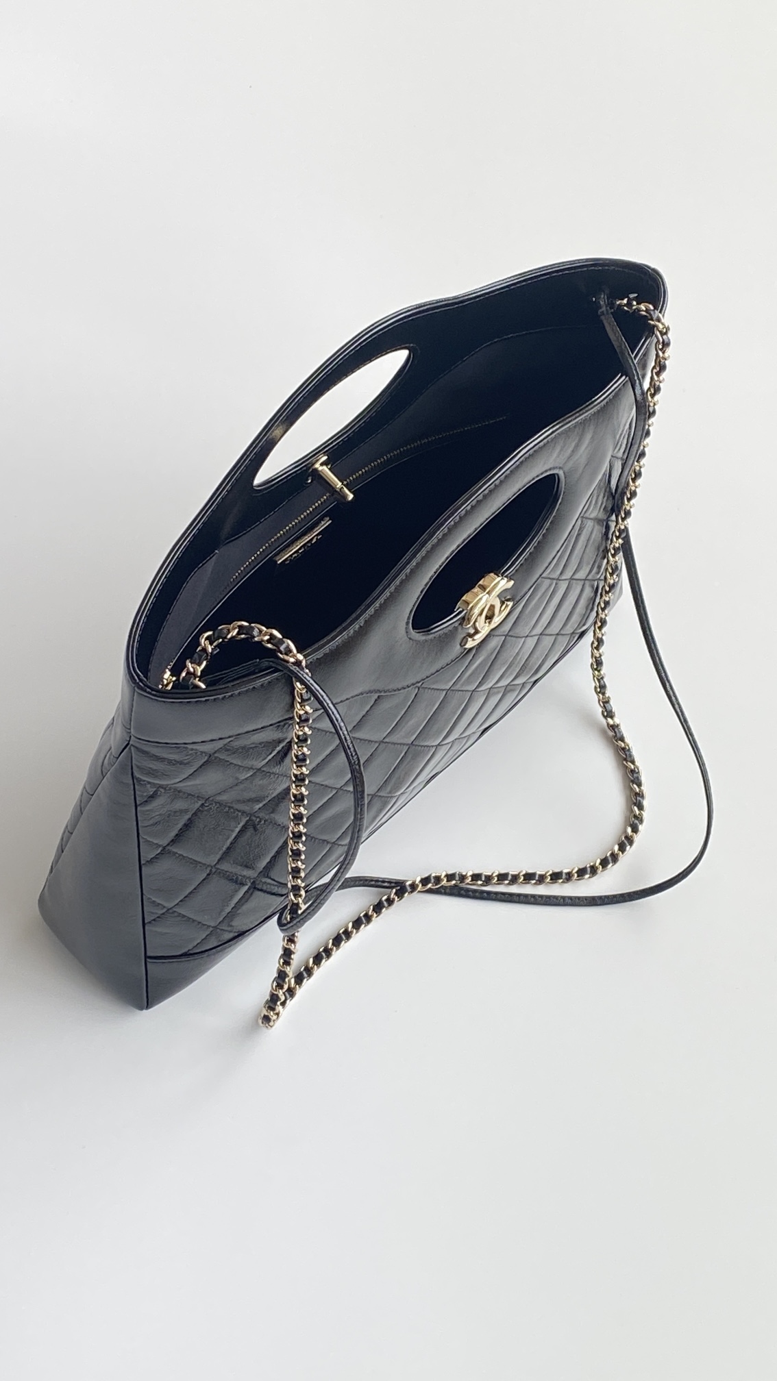 CHANEL 31 Medium Shiny Crumpled Calfskin Quilted Shopping Bag Black