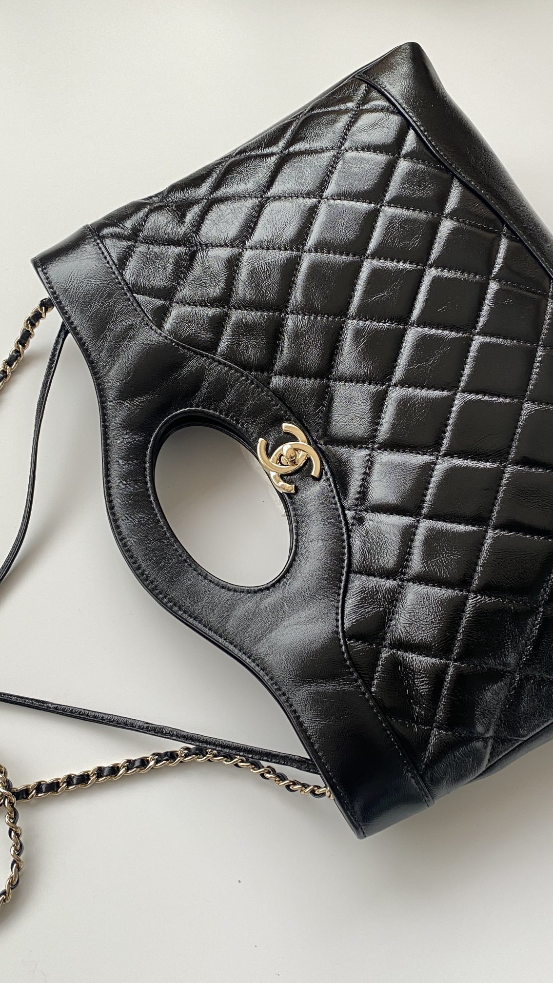 CHANEL 31 Medium Shiny Crumpled Calfskin Quilted Shopping Bag Black