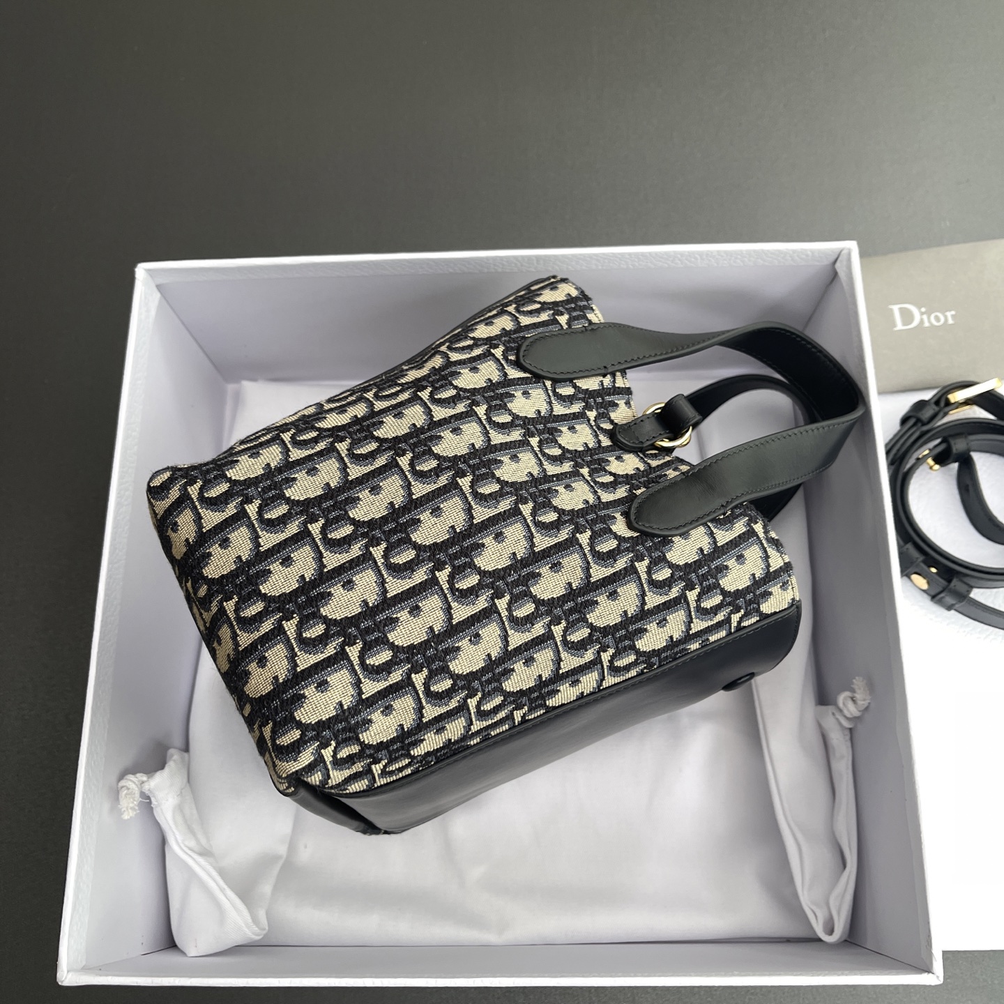 CHRISTIAN DIOR Small Signature Bucket Bag,Blue Dior Oblique Jacquard and Smooth Calfskin