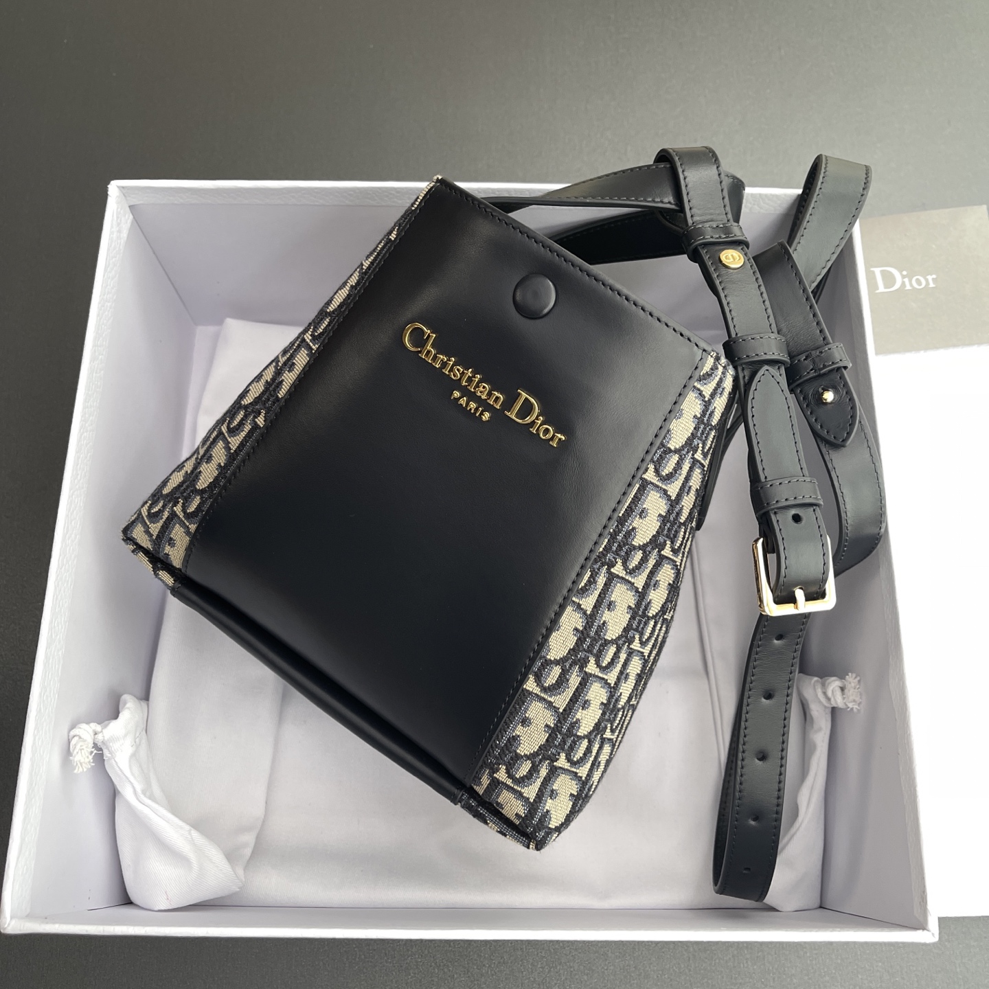 CHRISTIAN DIOR Small Signature Bucket Bag,Blue Dior Oblique Jacquard and Smooth Calfskin