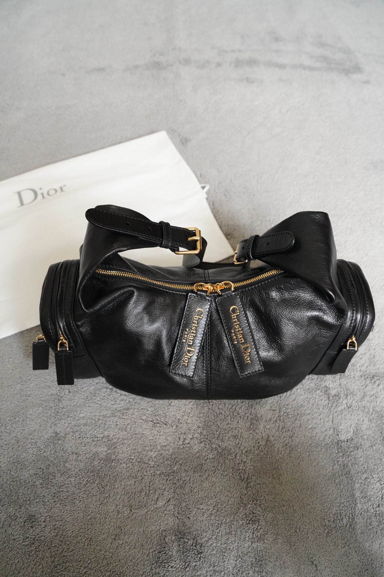 CHRISTIAN DIOR Large Grand Tour Multipocket Bag, Black Crinkled Calfskin