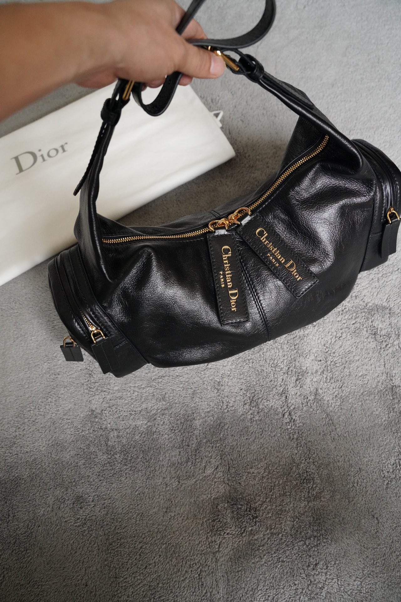 CHRISTIAN DIOR Large Grand Tour Multipocket Bag, Black Crinkled Calfskin