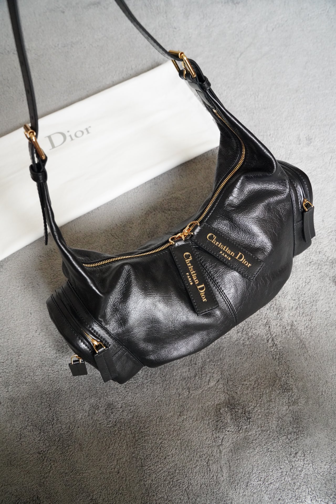 CHRISTIAN DIOR Large Grand Tour Multipocket Bag, Black Crinkled Calfskin