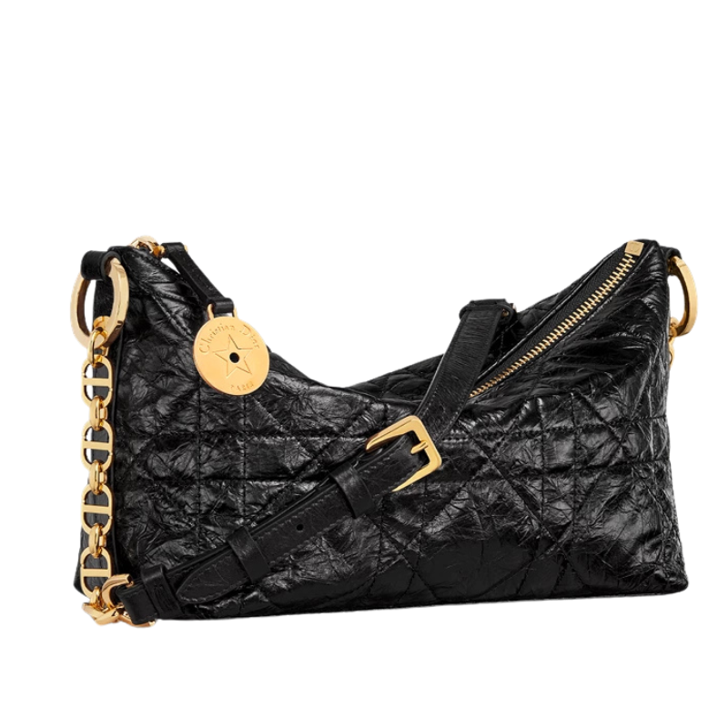CHRISTIAN DIOR Diorstar Hobo Bag with Chain,Black Macrocannage Crinkled Calfskin