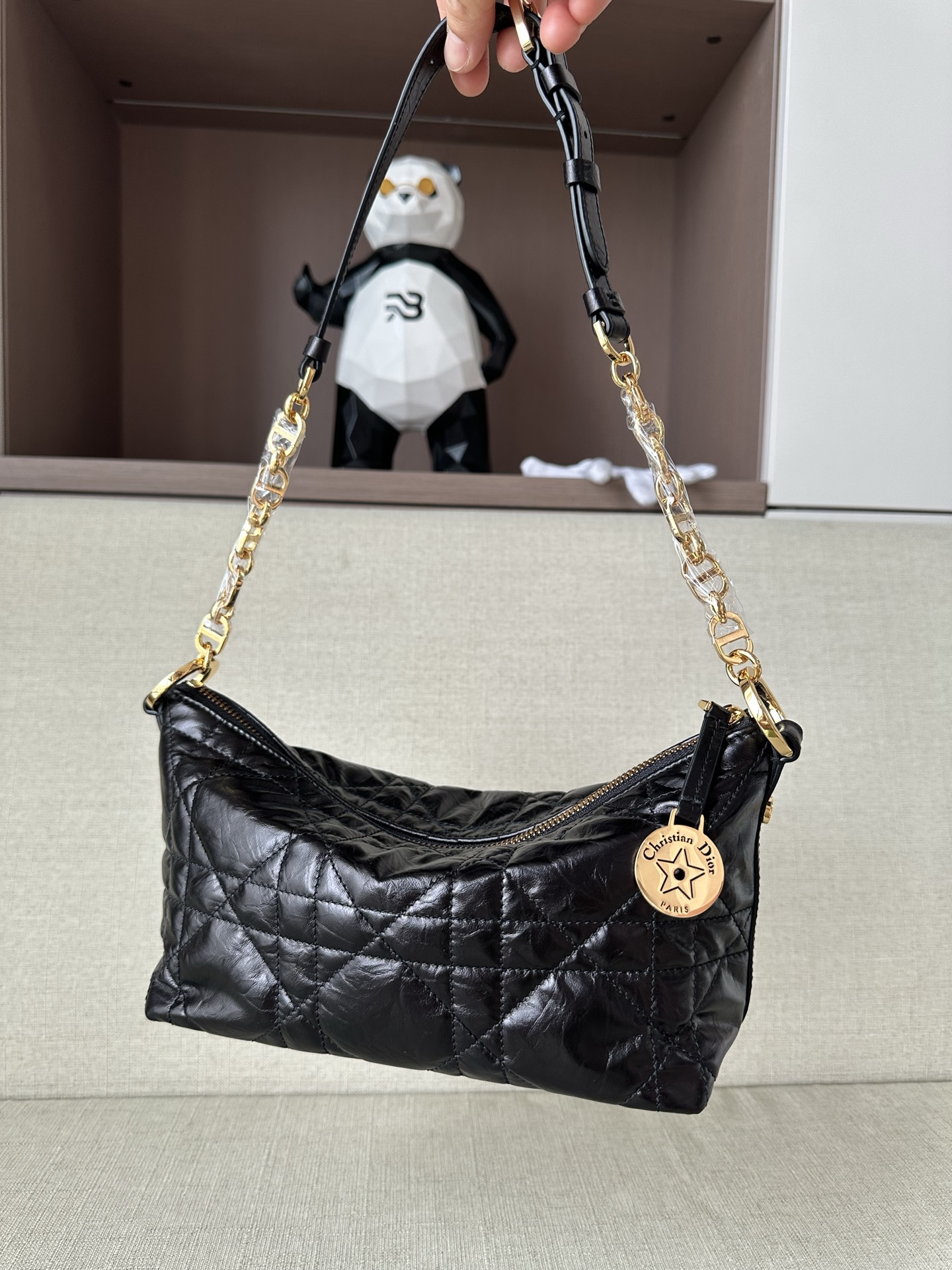 CHRISTIAN DIOR Diorstar Hobo Bag with Chain,Black Macrocannage Crinkled Calfskin