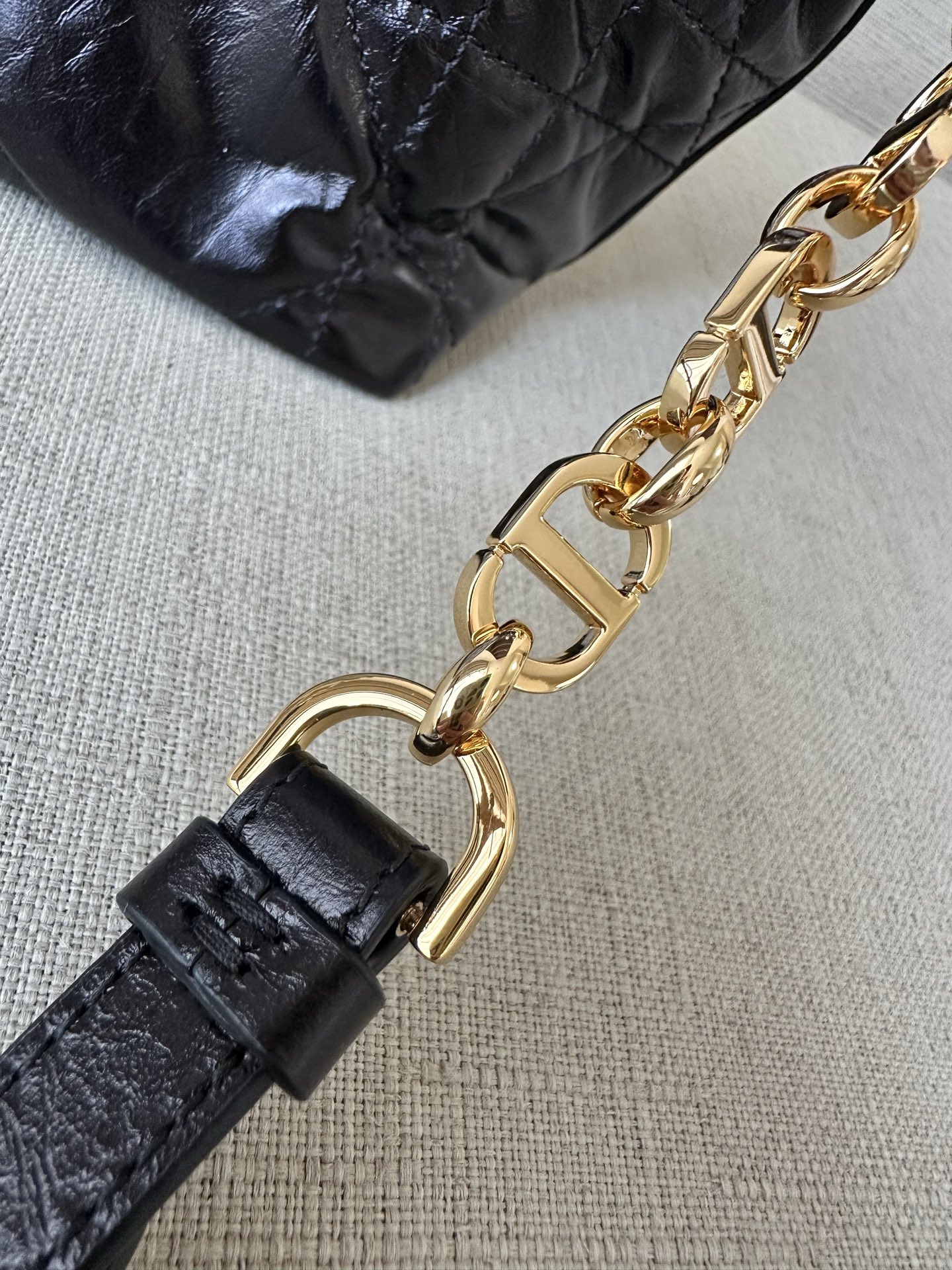 CHRISTIAN DIOR Diorstar Hobo Bag with Chain,Black Macrocannage Crinkled Calfskin