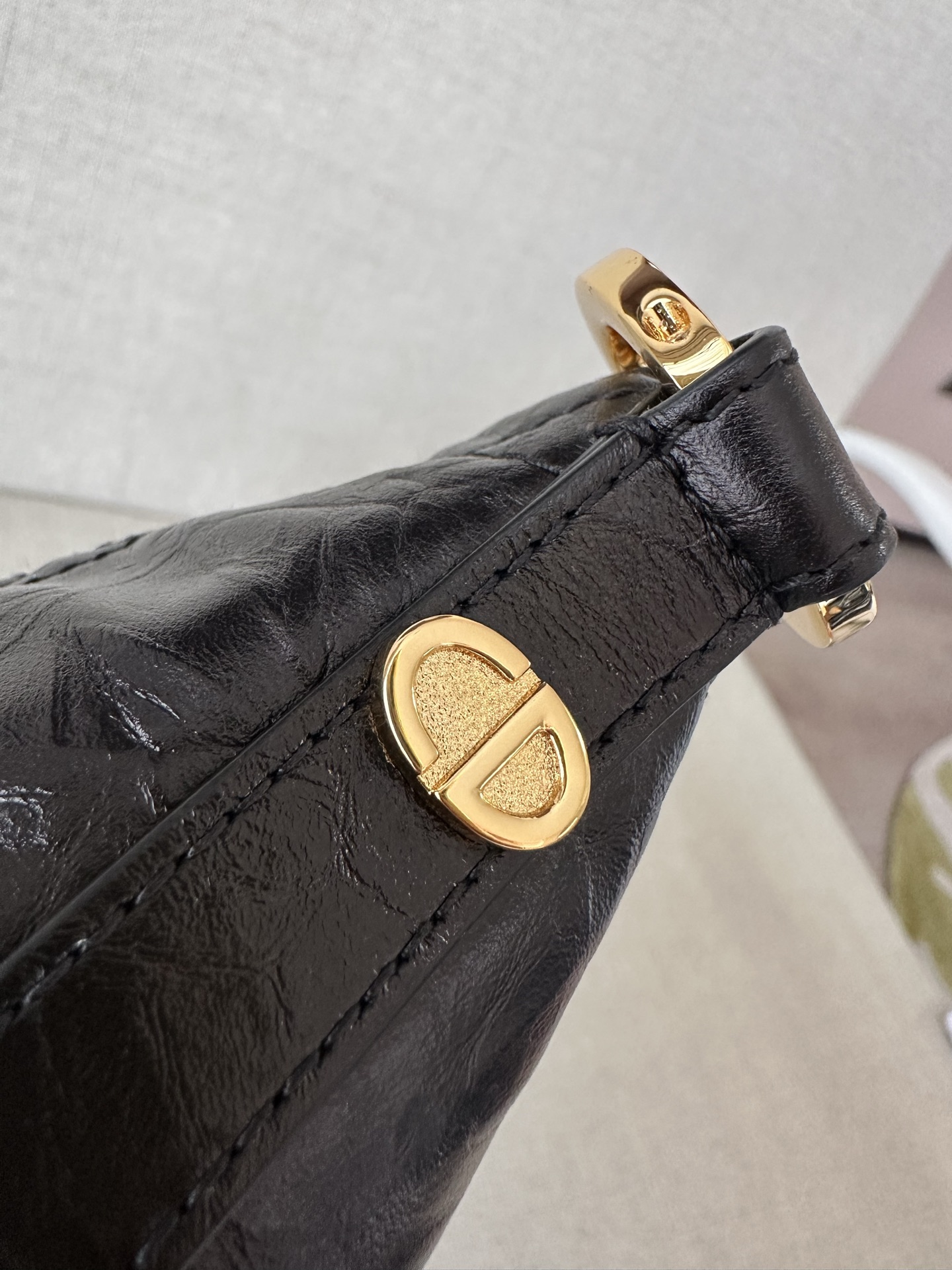 CHRISTIAN DIOR Diorstar Hobo Bag with Chain,Black Macrocannage Crinkled Calfskin